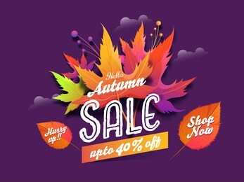 hello autumn sale poster design with 40% discount offer and colorful leaves on purple background.