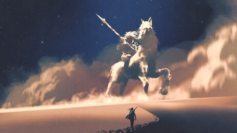 a woman walking on a desert to the giant horseman-shaped storm, digital art style, illustration painting