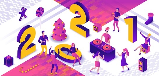 isometric illustration of 2021 new year dance party, dj playing disco at night event, holiday banner, gift icon, happy people enjoy music, 3d vector purple background