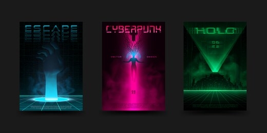 cyberpunk poster set. futuristic retrowave vivid layouts for electronic music events. virtual reality concept. design for flyer, cover. vector.