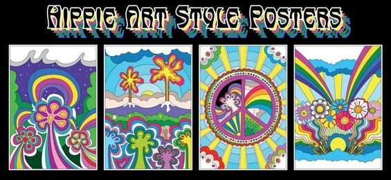 hippie art style posters, abstract nature backgrounds 