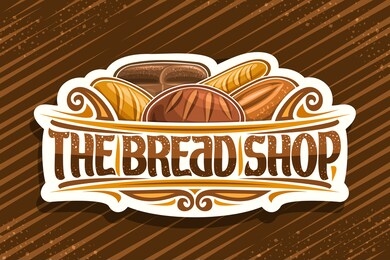 vector logo for bread shop, cut paper label with illustration of heap bread loaves, decorative design curls, banner with unique brush letters for words - the bread shop on brown abstract background.