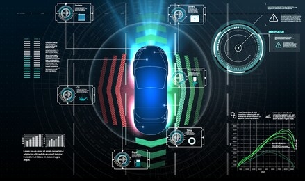 autonomous car. driverless car. self driving vehicle. future concepts smart auto. hud, gui, hologram automatic braking system avoid car crash from car accident. concept for driver assistance systems. 