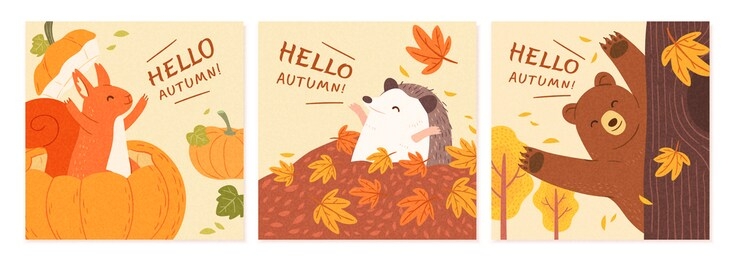 set of hand drawn square banner, with cute animals showing up in autumn forest, applicable to sale and event promotion