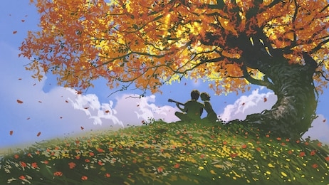 lovers sitting and playing guitar under the tree in autumn, digital art style, illustration painting