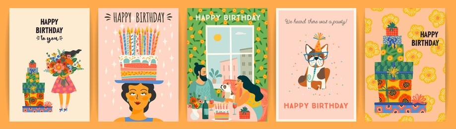 happy birthday. vector set of cute illustrations. design templates for card, poster, flyer, banner and other use