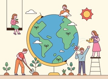 people around the big globe are campaigning for the environment. flat design style minimal vector illustration.