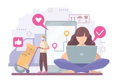 a girl makes purchases online in an online store, sitting at home with a laptop in her hands. delivery service truck and courier in the background.