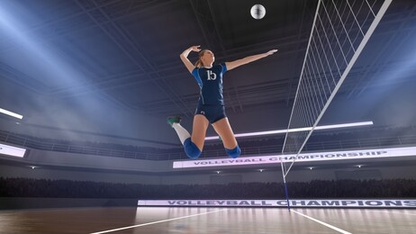 female professional volleyball players in action on 3d stadium.