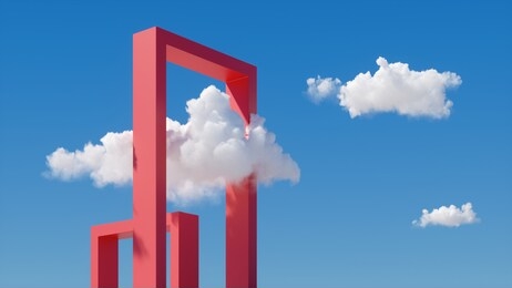 3d render, abstract fantasy cloudscape on a sunny day, white clouds fly under the red gates on the blue sky. square portal construction. minimal surreal dream concept