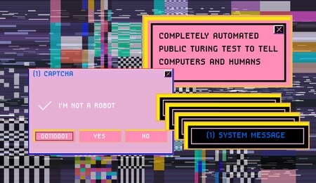 concept of  captcha — completely automated public turing test to tell computers and humans apart. glitched screen with pixel noise and message boxes.