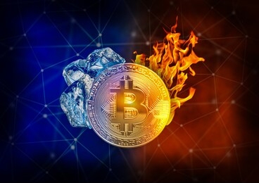 fire and ice golden bitcoin with polygon blockchain background