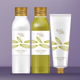 vector toiletries set with transparent plastic or glass bottle & beauty tube. metallic gold screw cap with lemon verbena themed design.