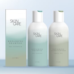vector shampoo & conditioner flip cap bottle with soft gradient abstract print. carton box for bottles.