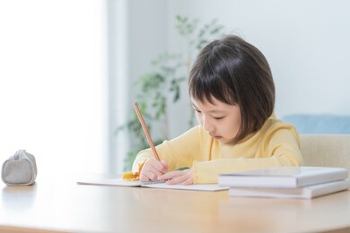asian child studying in the room

