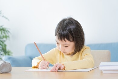 asian child studying in the room

