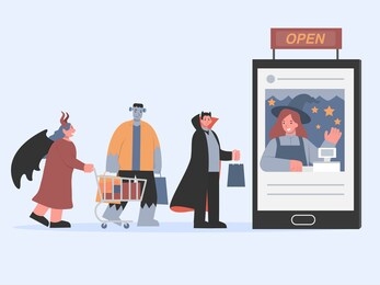 frankenstein with friend includes vampire and devil with bat wings in a queue in the front of smartphone with cashier inside. illustration about shopping online in halloween tradition of devil group.