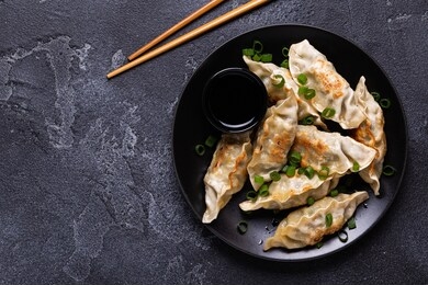fried dumplings gyoza on a plate on a gray concrete background, top view