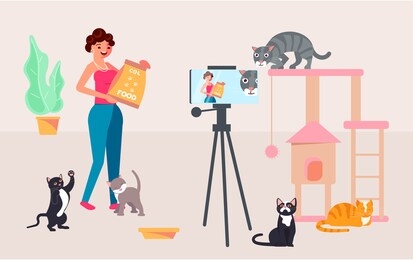 woman blogger shooting video content for live streaming broadcast social media networking concept. freelancer creates pets care blog. flat art rastered copy