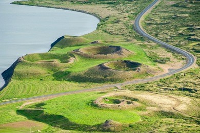 view at pseudocraters from the vindbelgur volcano near the lake myvatn - northern iceland