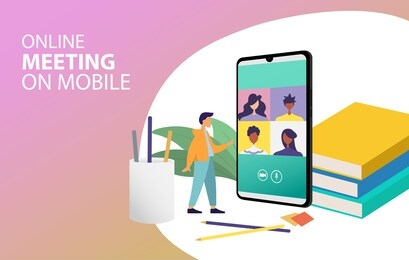 digital meeting teleconference online internet on phone, mobile website background. social distance concept. decor by book pencil vector illustration.