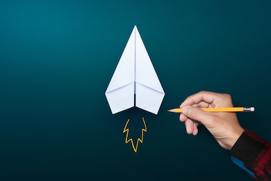 startup concept, white paper plane and businessman hand drawn launching plane