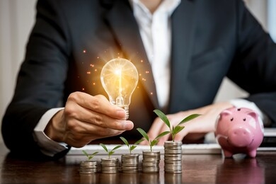 businessman hand holding light bulb on coins stack on the wooden table , saving ideas and investment budget, creative ideas concept of saving money  concept, copy space