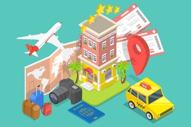 3d isometric flat vector conceptual illustration of hotel and flight tickets reservation, trip booking service.