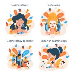 cosmetologist concept set, skin care and treatment. young woman with bad skin problem. problematic skin, dermatology disease. isolated vector illustration in cartoon style