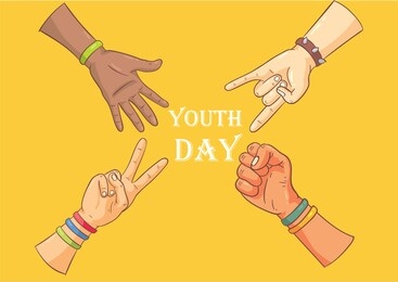 youth day theme, 12 august. yellow background  with hands of men and in center written youth day.