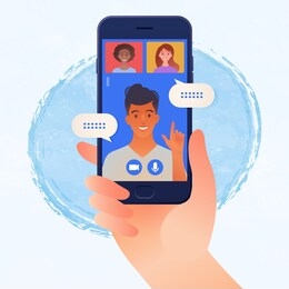 smartphone online meeting between young man and woman via a video call. vector illustration.