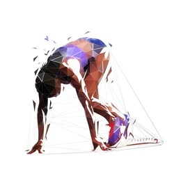 sprinter woman kneeling in blocks. low poly female runner waiting at start, isolated vector geometric illustration. triangles. african american polygonal athlete