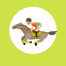 horse racing sports raster, rider wearing helmet sitting horseback isolated character in frame with letering. equestrian race, horserace competition flat style
