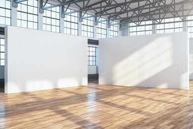 minimalistic exhibition interior with two empty exhibition stands, and wooden floor. presentation concept. mock up. 3d rendering