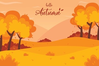 autumn landscape background. hello autumn lettering logo, vector illustration.