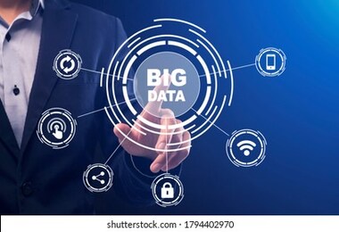 collage with businessman selecting and pressing big data button with virtual icons on blue background