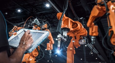 heavy automation robot arm machine in smart factory industrial,industry 4.0 concept image.