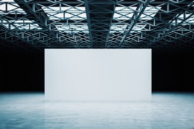 contemporary showroom with metal structure on ceiling and blank white exhibition stand. design and style concept. mock up, 3d rendering