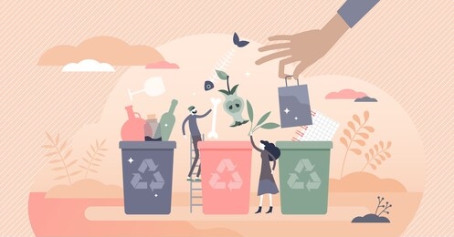 sorting garbage containers to separate waste and trash tiny persons concept. environmental ecological solution to save nature with glass, paper, organic and plastic segregation vector illustration.