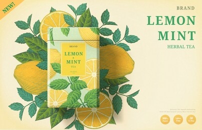 lemon mint tea ads with engraving ingredients background on beige background, 3d illustration yellow and mint color packaging