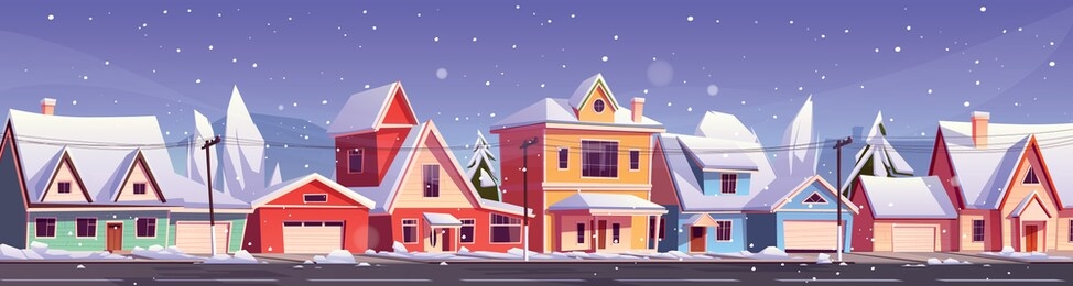 street in suburb district with residential houses and snowfall. vector cartoon winter landscape, suburban cottages with snow on roofs. city neighborhood with real estate property