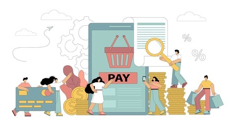 people make online payments. payment by card, loans, debentures, purchases, services, training. using gadgets to pay. vector flat illustration on white background