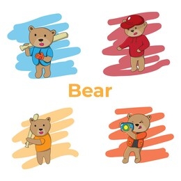 bear cartoon baseball  uniform, bear coach, little bear learning baseball and bear cameraman character illustration set