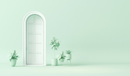 white door and growing ,caring of plants in garden concept in plain monochrome pastel blue color. light background with copy space. 3d rendering for picture frame backgrounds, minimal,seasonal work