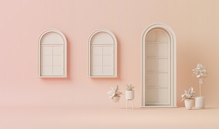 white door, window and plant concept in plain monochrome pastel pink color. light background with copy space. 3d rendering for web page, presentation or picture frame backgrounds, minimalist