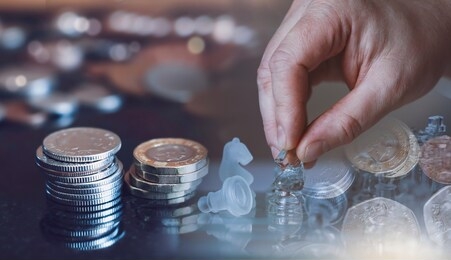 double exposure of hand of businessman moving chess  knight competition with stack sterling coin, business leader and confrontation solve problems concept, chess horse on board with copy space 