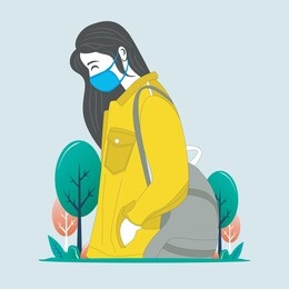 girl wearing a backpack vector illustration, cute girl wearing face mask cute girl design concept