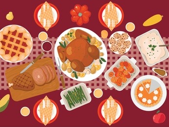 illustration vector flat cartoon of food on happy thanksgiving menu on dinner table setting as feast concept. set of food on harvest festival on autumn. roasted turkey and side dishes. flat top view