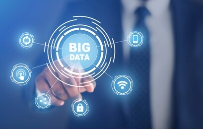 businessman pushing with big data button with computer pictograms, creative collage. panorama