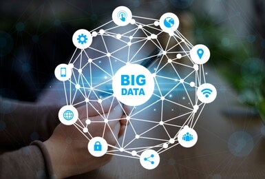 big data collage with young woman using smartphone for online work and cyber icons on virtual screen